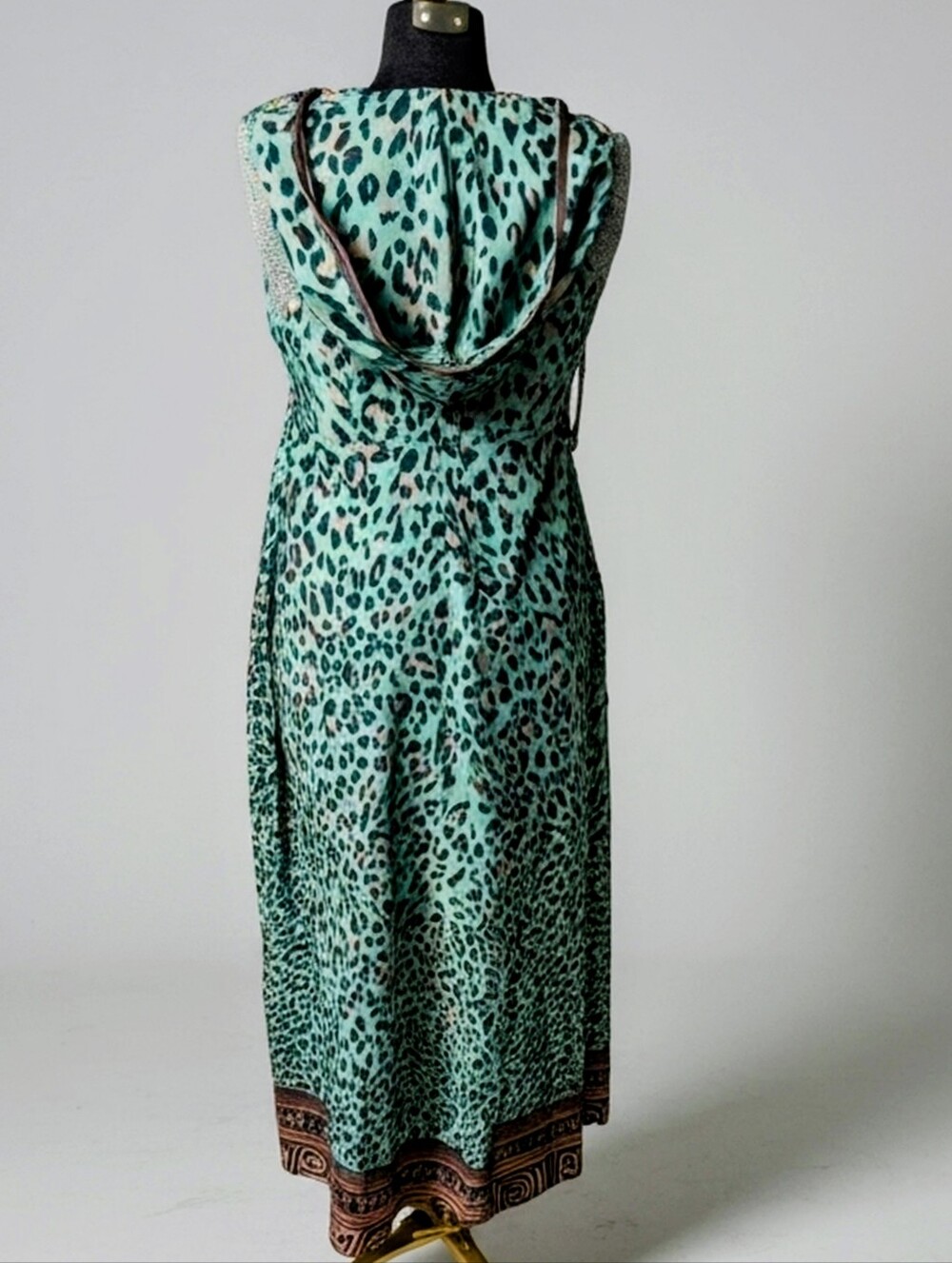 Morgan & Brook Retro Casual Green Leopard Print Chiffon Hooded Midi Dress Size S - Picture 6 of 12